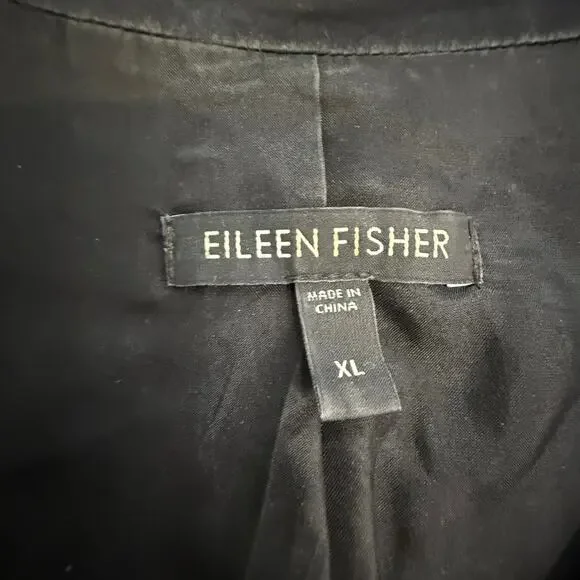 Eileen Fisher 100% Silk Crepe Leather Trim Jacket Black Button Sleeve Women’s XL - Picture 9 of 14